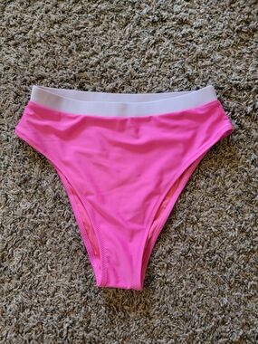 Ocean Blues High-Waist Pink Bikini Bottom with White Waistband